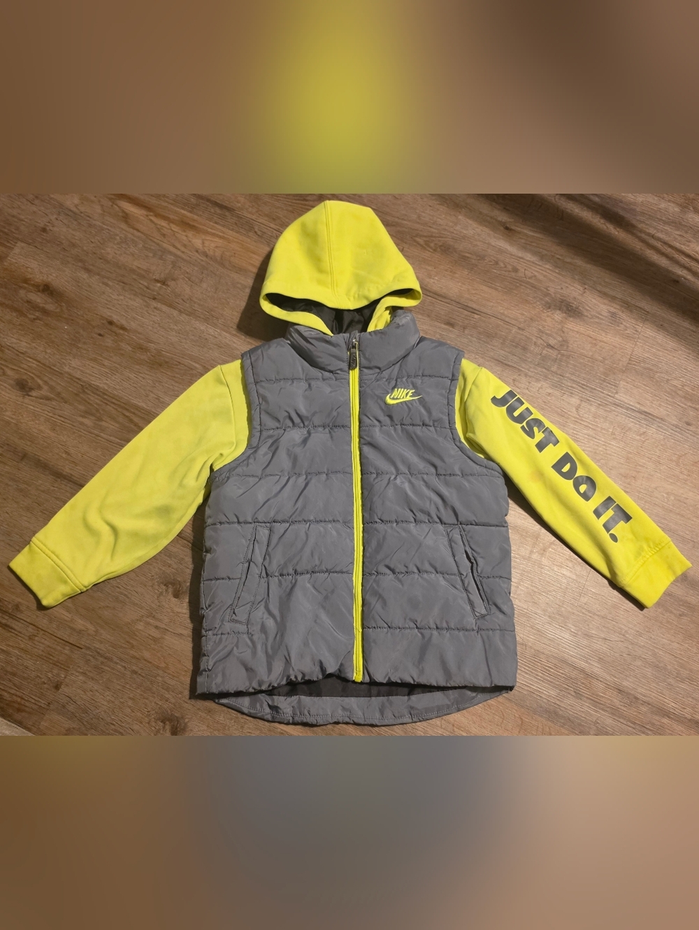 Nike Gray Quilted Vest with Neon Yellow Sleeves and Hoodie
